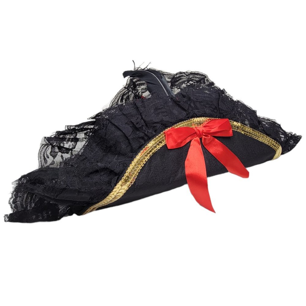 Pirate Hat with Sequin and Lace Trim Feather and Red Bow Details - Picture 7 of 9